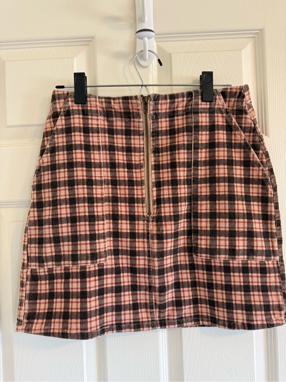 wild fable Corduroy Pink and Brown Plaid Front-Zip Mini Skirt